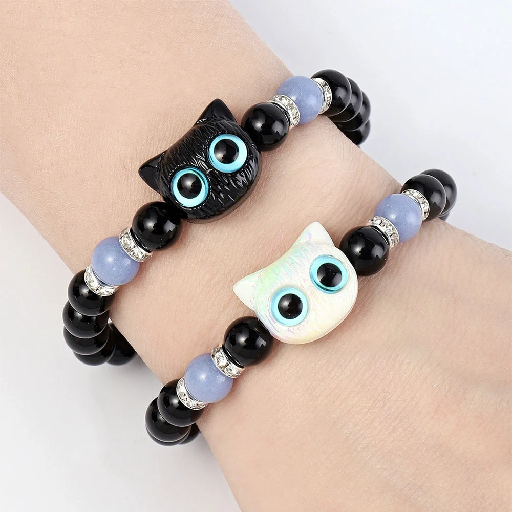 Luminous Cute Cat Head Bead Strand Bracelet for Couples Black White Cat Design Matching Friendship Jewelry for Men And Women