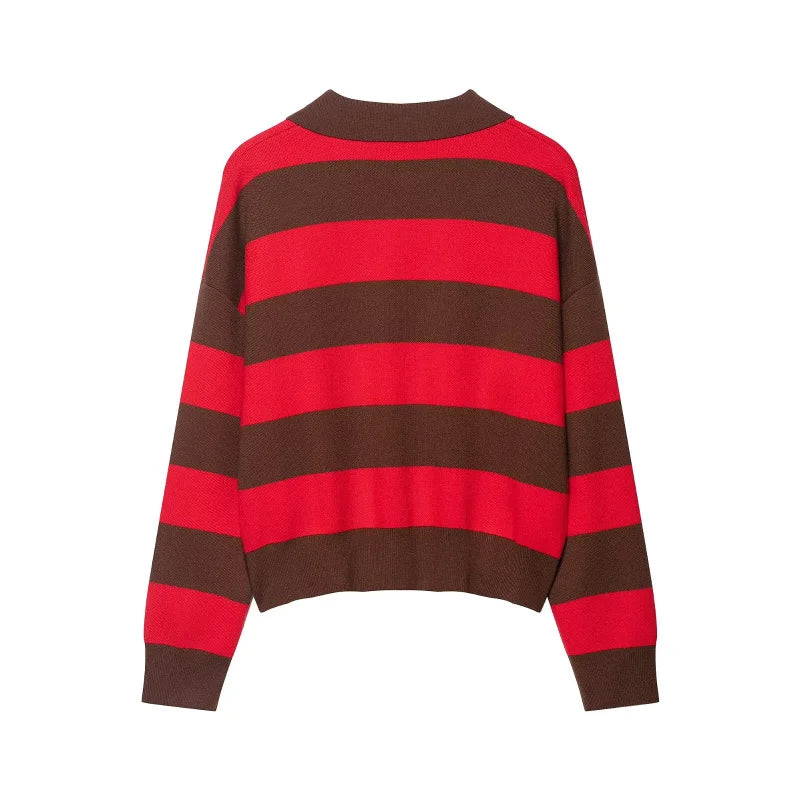 ETJ 2025 Autumn women's new line street style fashion yellow wide stripe polo neck loose version of long-sleeved sweater
