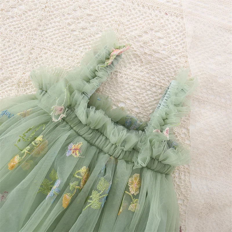 Summer New Princess Style Baby Girl Dress, Sweet Green Floral Chiffon Children'S Clothing (6 Months -5 Years Old)