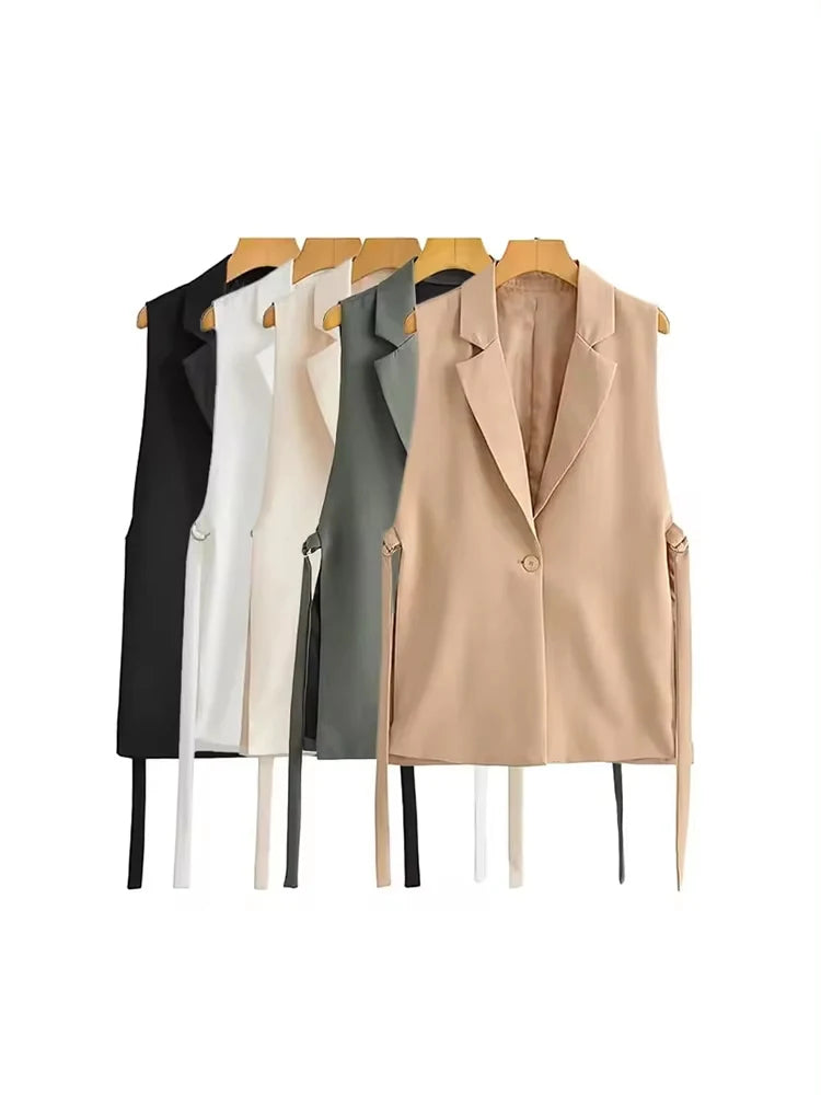 Women Fashion With Taps Side Vents Waistcoat Vintage Sleeveless Front Button Female Outerwear Chic Vest Tops
