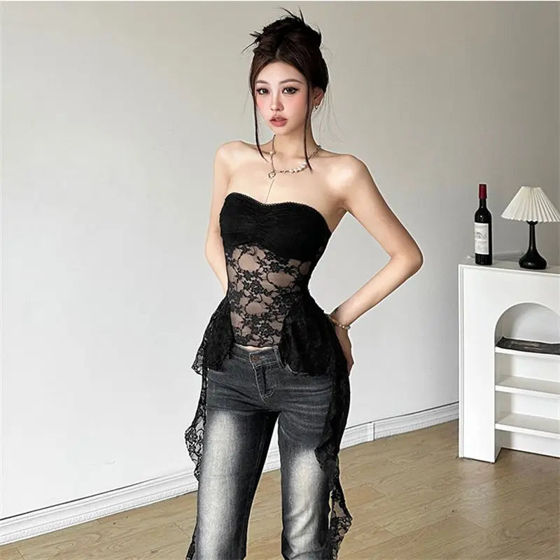 Pure Desire Hot Sister Lace Irregular Hem One-Shoulder Strap Fashion Crop Top Women's Bodycon Tank Top