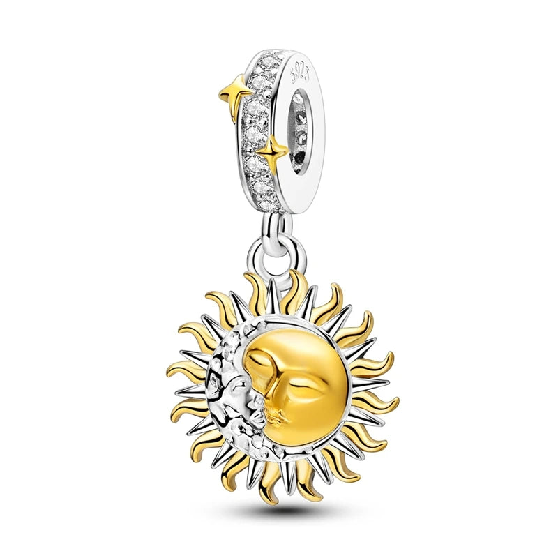 Original 925 Sterling Silver Gold Series DIY Charms Beads Inlaid Zirconium Sun Leopard Pendants Fit Bracelet DIY Jewelry Making