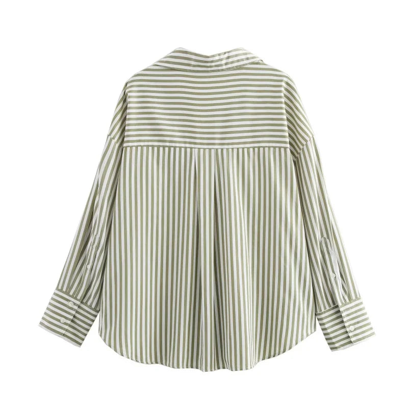 ETJ 2025 women's spring new Europe-American fashion striped long sleeve lapel loose version poplin shirt multi-color selection