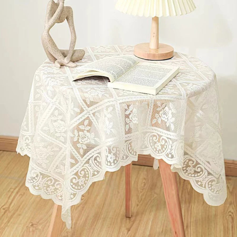 One Antique Embroidered Lace Tablecloth - Solid Color Elegant Flower Cut Process Polyester Square Tablecloth, 100% Polyester