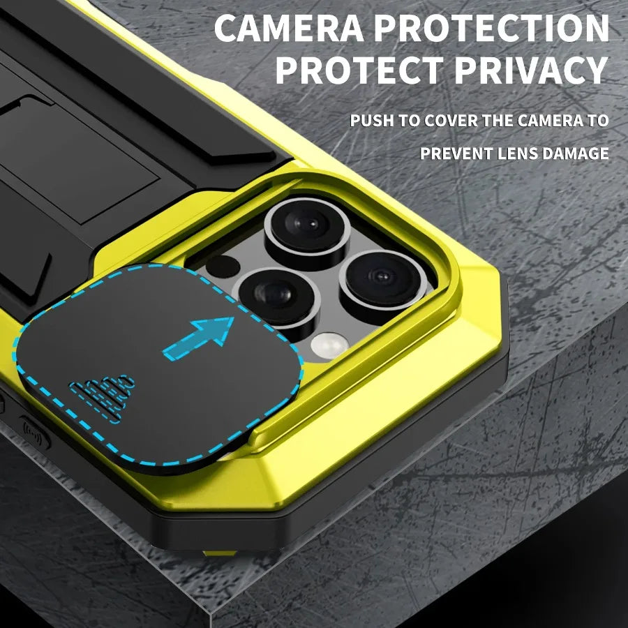 Rugged Metal Phone Case For iPhone 16e 15 14 Plus 13 Pro Max Heavy Military Shockproof Shell Slide Camera Cover Screen Protect