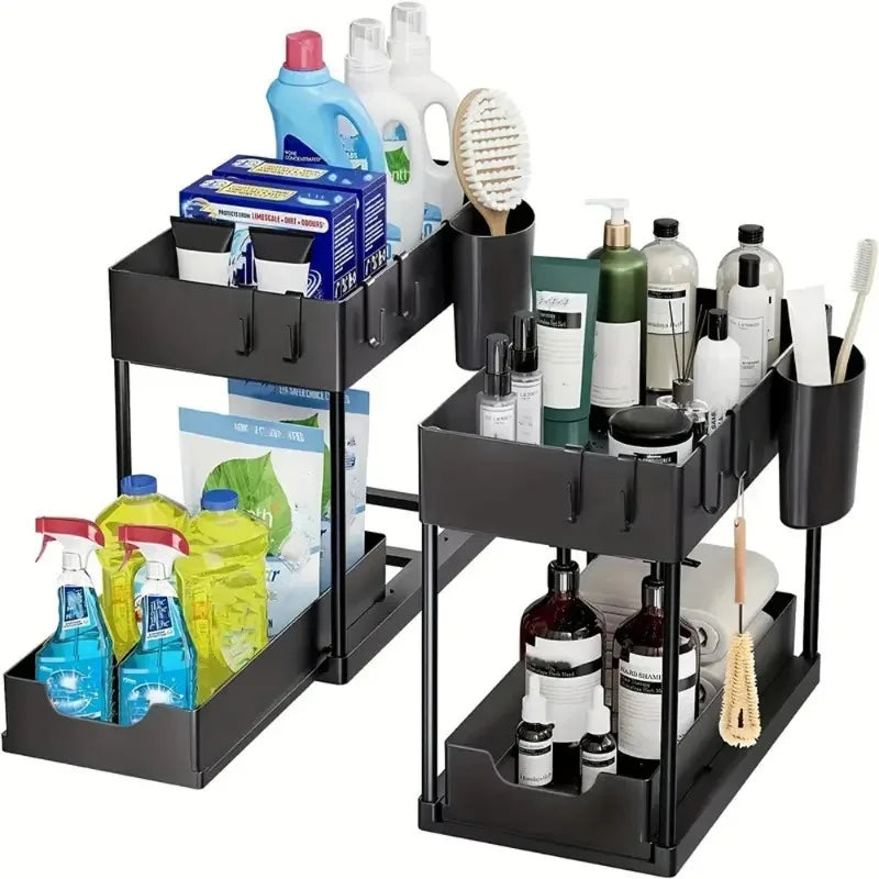 2-Tier Sliding Under Sink Organizer - Cabinet Basket Storage Rack with Hooks and Hanging Cup for Kitchen and Bathroom Use