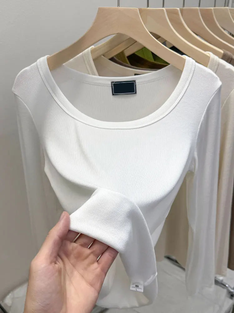 Fashionable U-Neck Long Sleeve Base Shirt Women's Slim Fit Low Collar Top T-Shirt Pure Color Commute Style Spring 2024