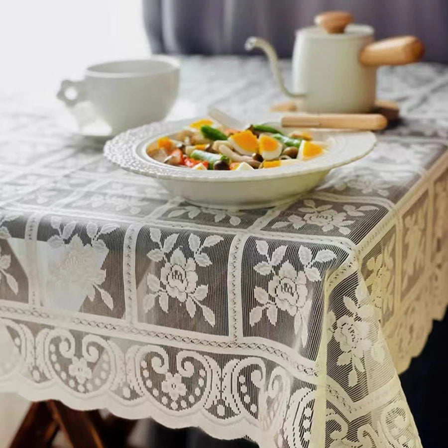 One Antique Embroidered Lace Tablecloth - Solid Color Elegant Flower Cut Process Polyester Square Tablecloth, 100% Polyester