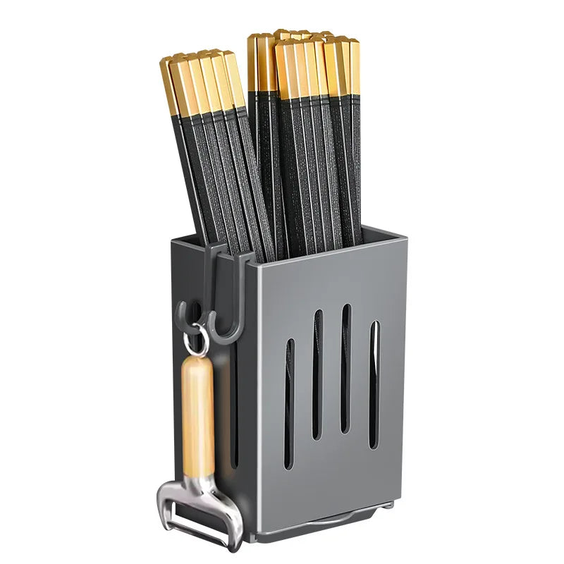 Kitchen Sink Utensil Caddy, Wall Mounted Chopstick Storage Rack with Drain Tray and Hooks, No Drilling Required