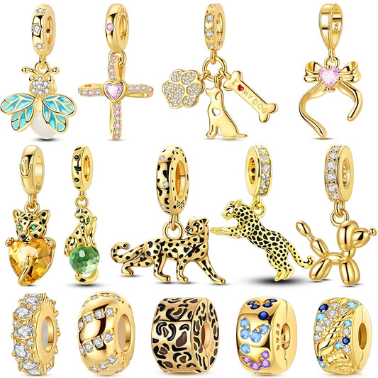 Original 925 Sterling Silver Gold Series DIY Charms Beads Inlaid Zirconium Sun Leopard Pendants Fit Bracelet DIY Jewelry Making