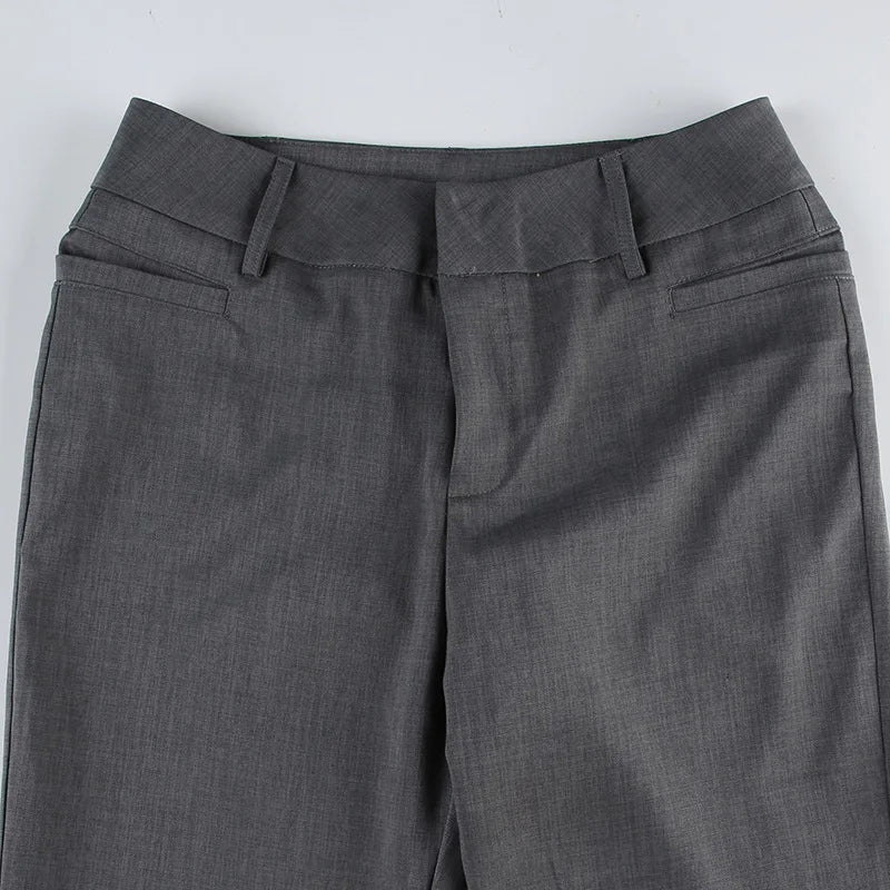 Lucyever Grey Low Waisted Flared Pants Female Y2K High Street Retro Wide Leg Trousers Fashion Slim Pocket Office Lady Suit Pants