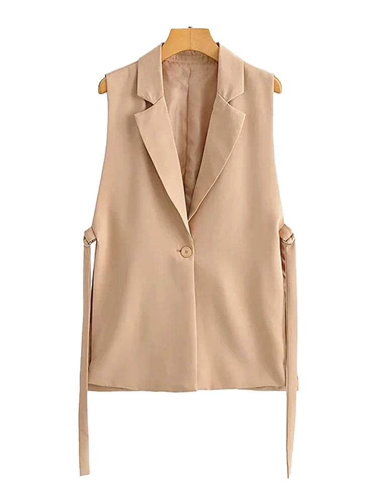 Women Fashion With Taps Side Vents Waistcoat Vintage Sleeveless Front Button Female Outerwear Chic Vest Tops
