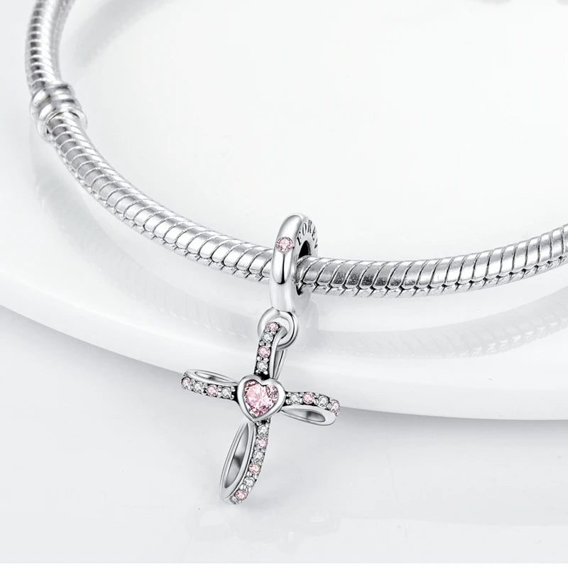 Pink Charms Original 925 Sterling Silver Heart Bow Perfume Bottle Charms Beads Pendants Fit Bracelet DIY Women Jewelry Making