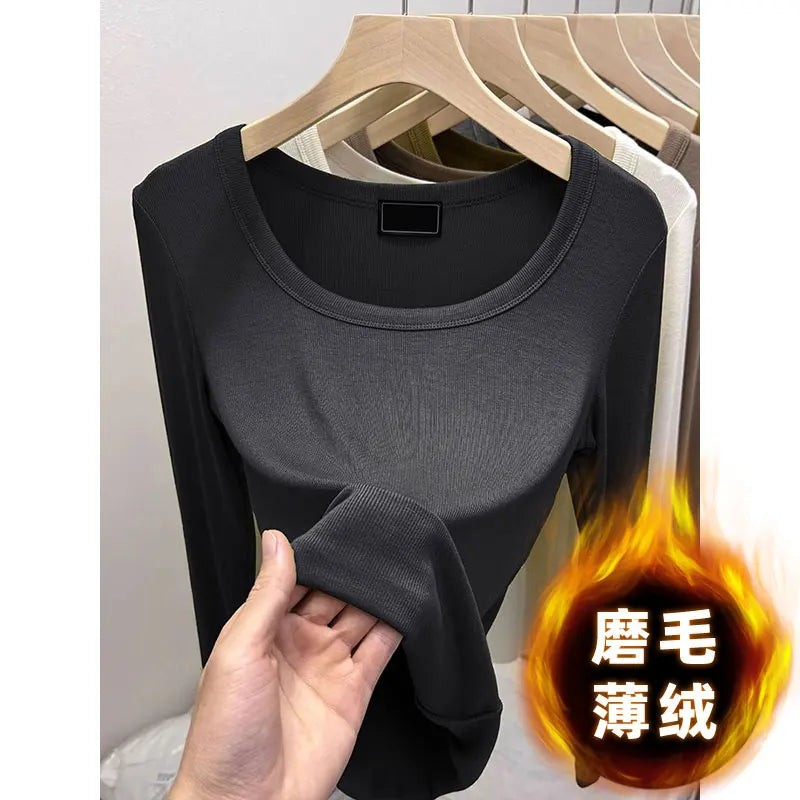 Fashionable U-Neck Long Sleeve Base Shirt Women's Slim Fit Low Collar Top T-Shirt Pure Color Commute Style Spring 2024