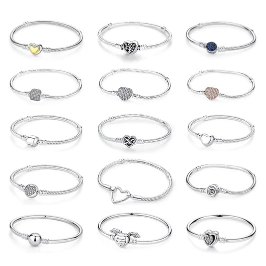 Original 925 Sterling Silver Bracelets Bangles Love Heart Clip Charms Beads Snake Chains For Women Rose Gold DIY Luxury Jewelry