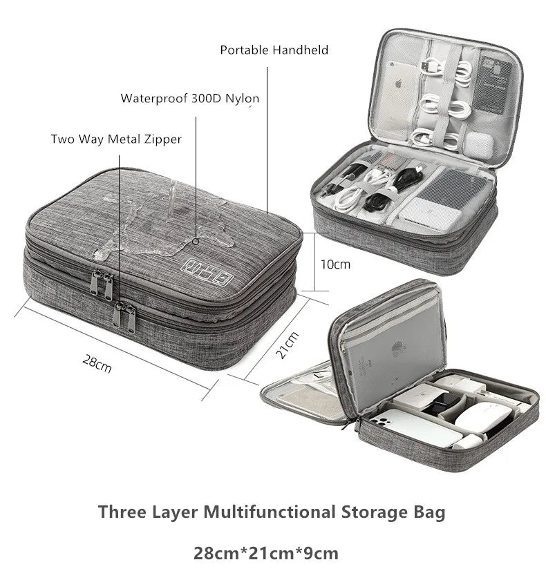 Three Layer Digital Storage Bag Multi-functional Cable Storage Box Portable Waterproof Travel Case for Data Mobile Power Bank