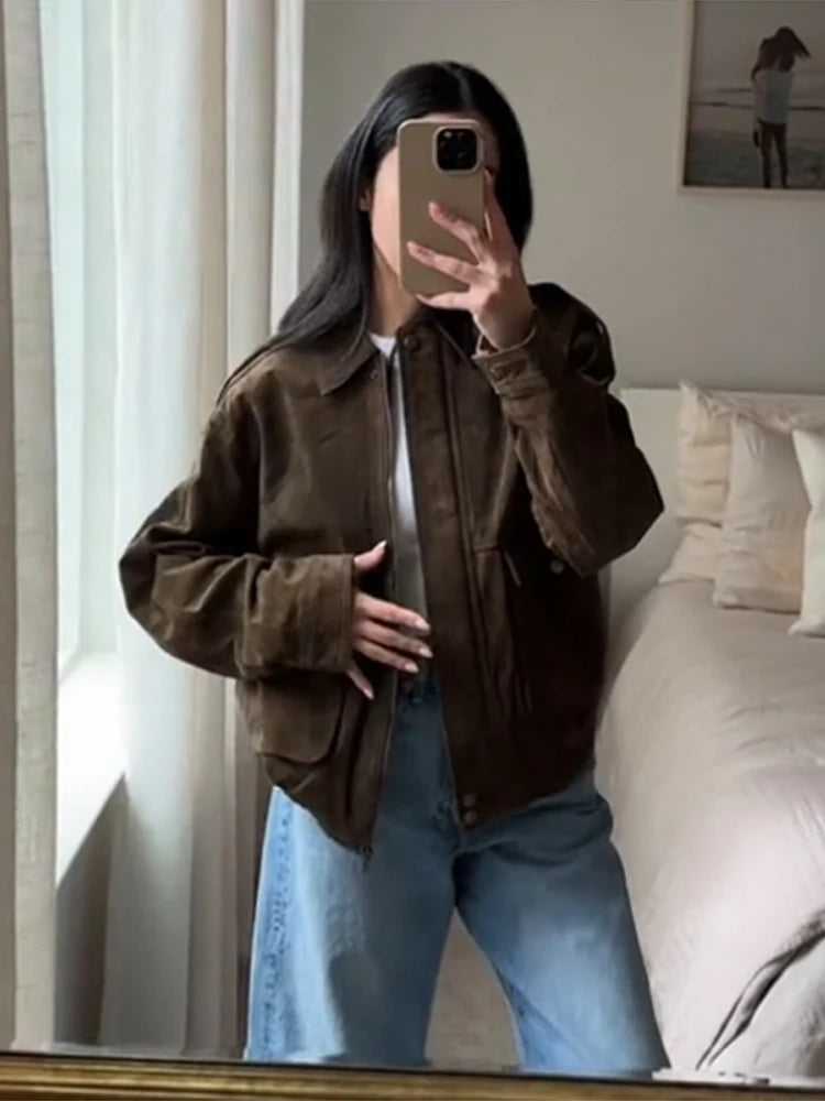 Brown Suede Jacket For Women Fashion Lapel Zipper Long Sleeve Pockets Motorcycle Bomber Coat 2025 New Spring Lady Loose Outwears