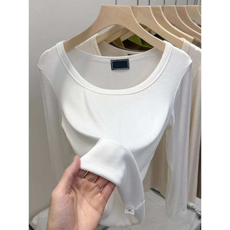 Fashionable U-Neck Long Sleeve Base Shirt Women's Slim Fit Low Collar Top T-Shirt Pure Color Commute Style Spring 2024