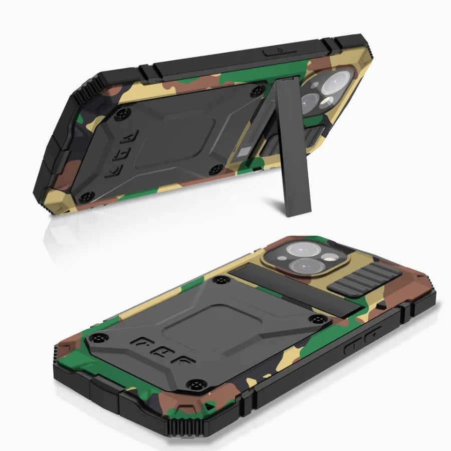 Camouflage Aluminum Metal Armor Phone Case For iPhone 13 Pro Max With Screen Tempered Glass Heavy Duty Outdoor Shockproof Cover