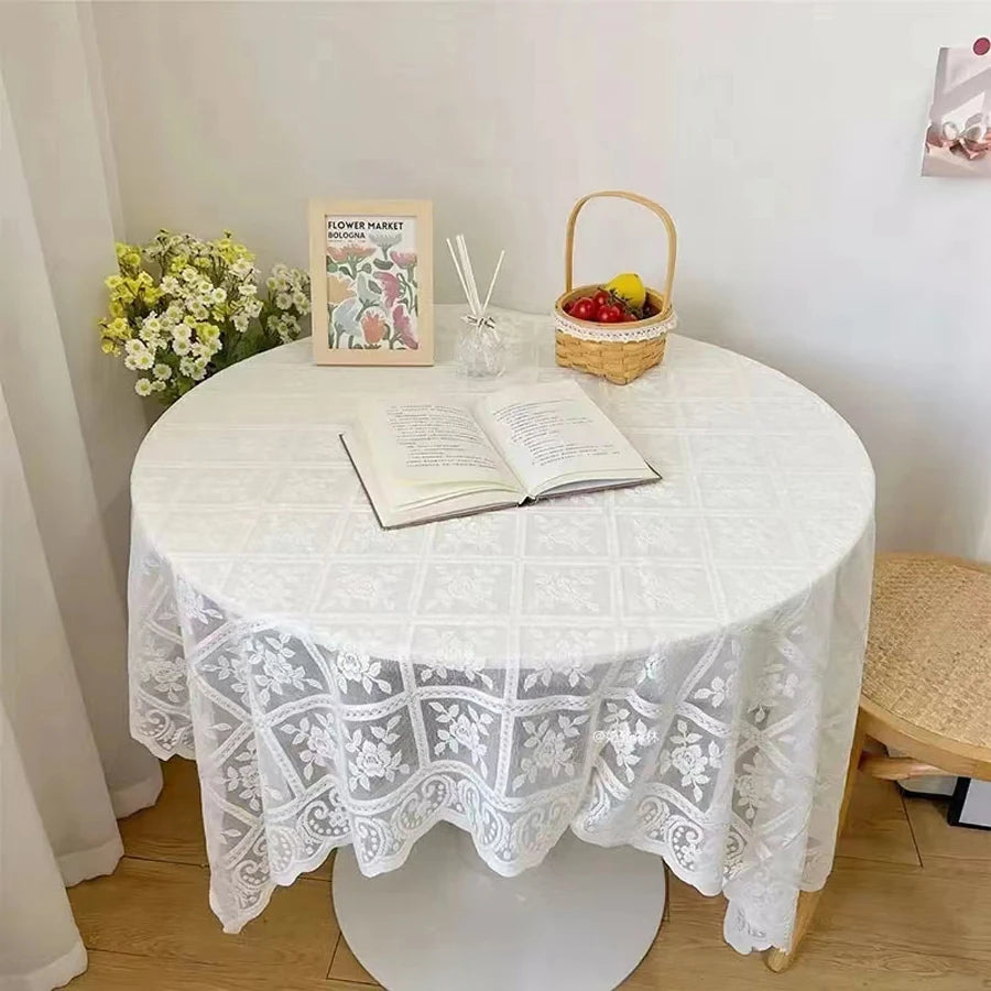One Antique Embroidered Lace Tablecloth - Solid Color Elegant Flower Cut Process Polyester Square Tablecloth, 100% Polyester