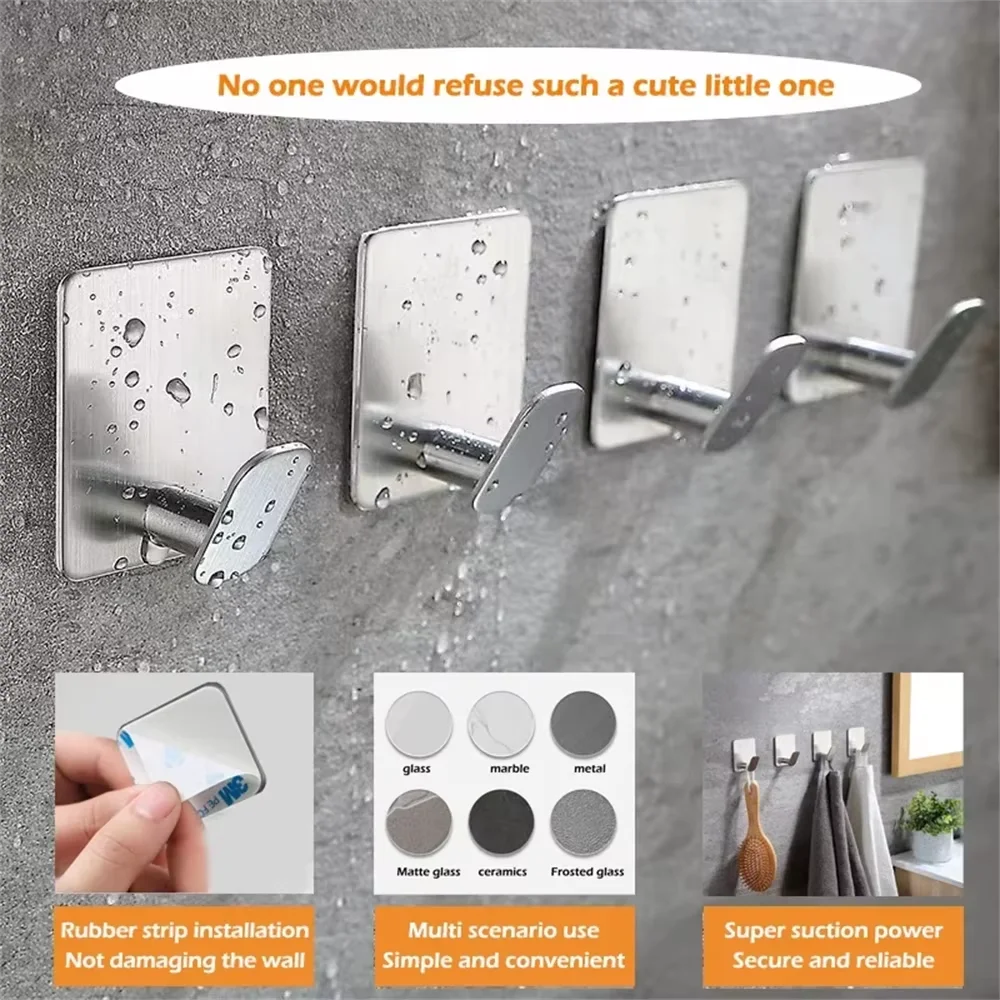 4/1pcs Stainless Steel Bathroom Robe Hooks Adhesive Wall Hook Towel holder Bathroom Kitchen Hardware Multi-Purpose Hanger Hook