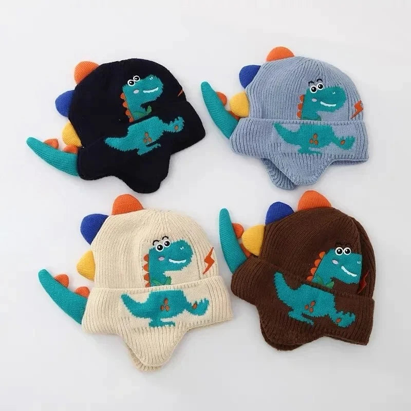 Winter Warm Baby Ear Protection Hat 3D Dinosaur Kids Earmuffs Cap Cartoon Toddler Woolen Knitted Hats 2-6 Years Children Beanies