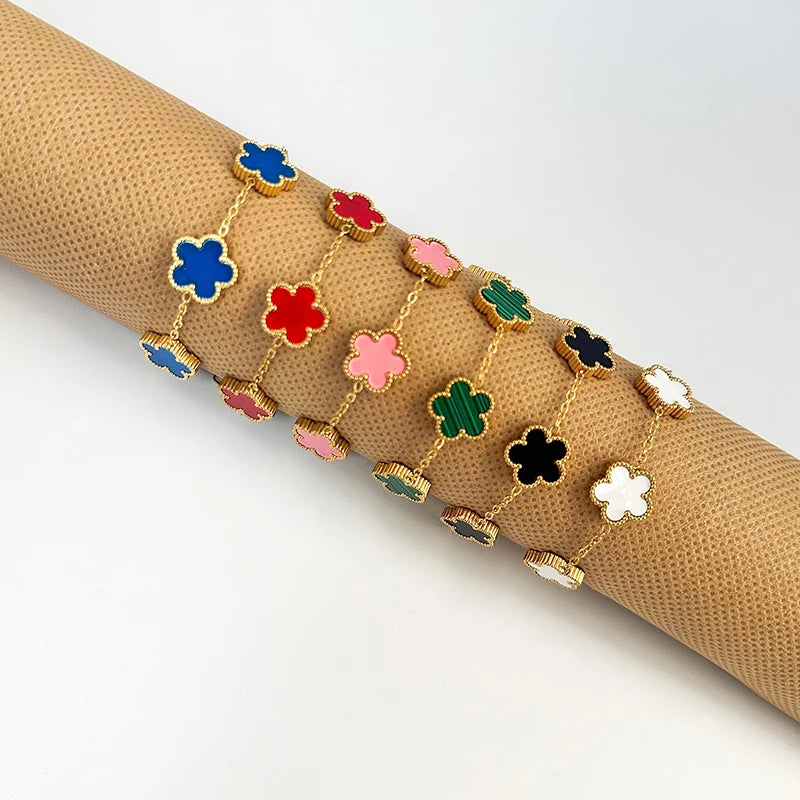 Adjustable Stainless Steel Bracelet Double Sided Bracelets Five Leaf Petals Flower Gold Plated Clover Women Fashion Jewelry
