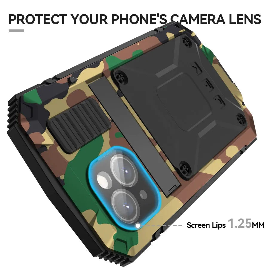 Camouflage Aluminum Metal Armor Phone Case For iPhone 13 Pro Max With Screen Tempered Glass Heavy Duty Outdoor Shockproof Cover