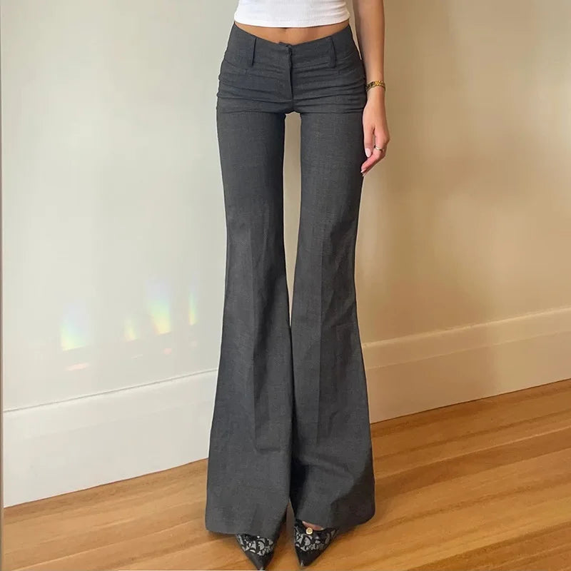 Lucyever Grey Low Waisted Flared Pants Female Y2K High Street Retro Wide Leg Trousers Fashion Slim Pocket Office Lady Suit Pants