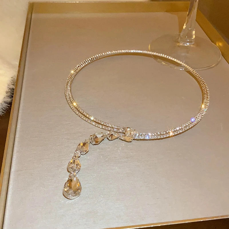 Zircon Double Layered Water Drop Heart Silver Scrap Imitation Pearl Cross Wave Open Collarbone Fine Pendant Necklaces Women K-