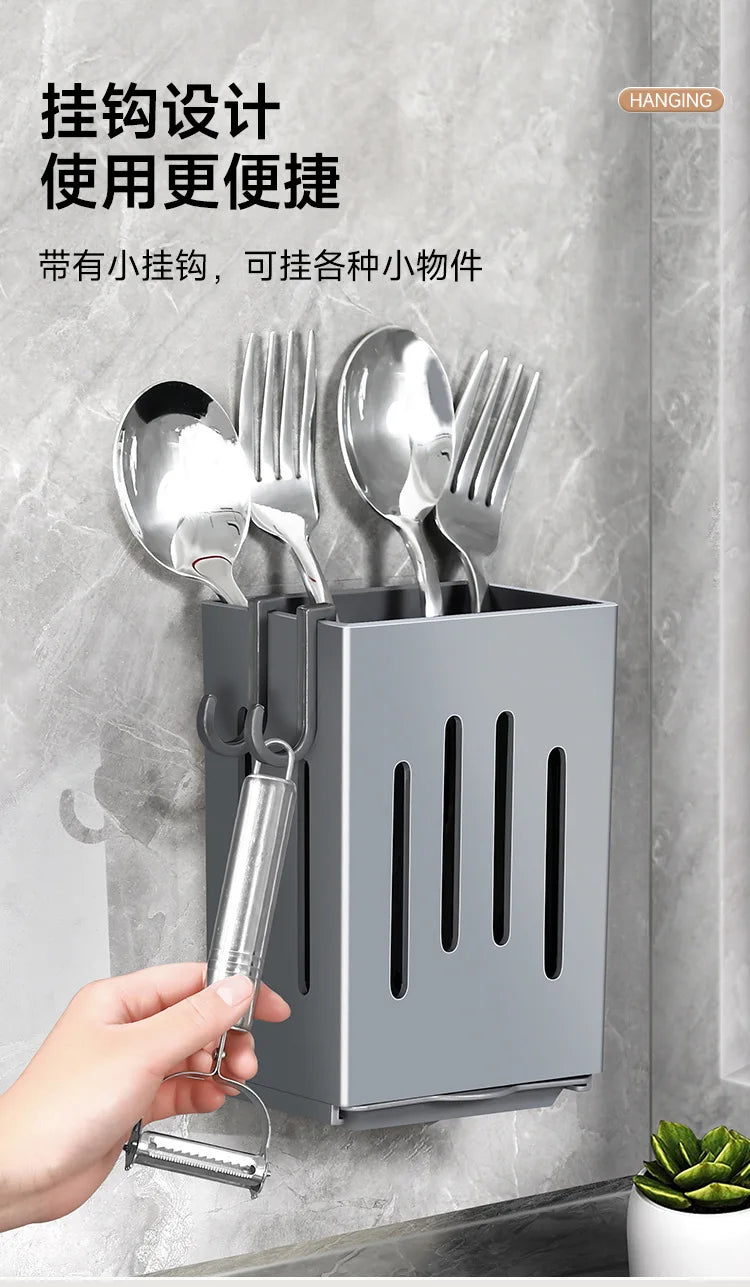 Kitchen Sink Utensil Caddy, Wall Mounted Chopstick Storage Rack with Drain Tray and Hooks, No Drilling Required