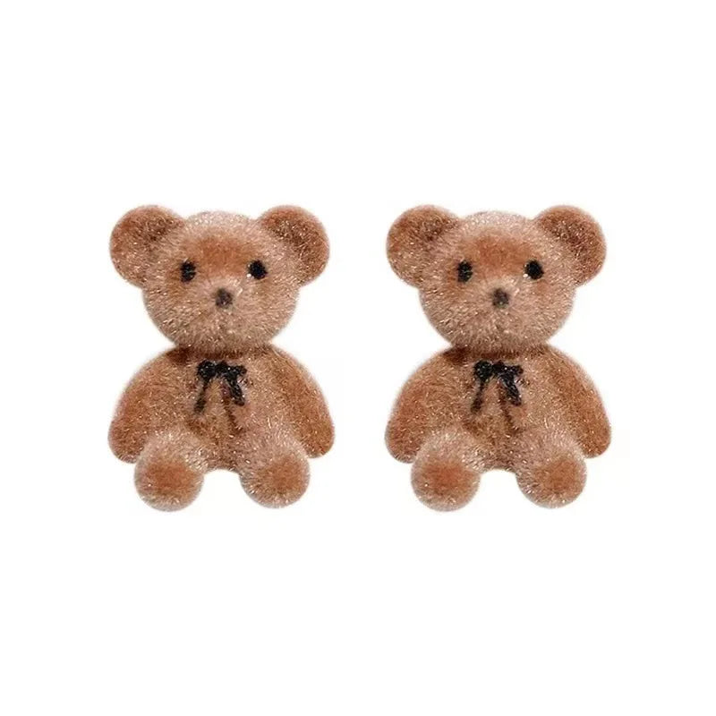New Design Cute Flocking Plush Rabbit Stud Earrings for Women Korean Fashion Brown Animal Bear Earring Jewelry Party Girls Gift