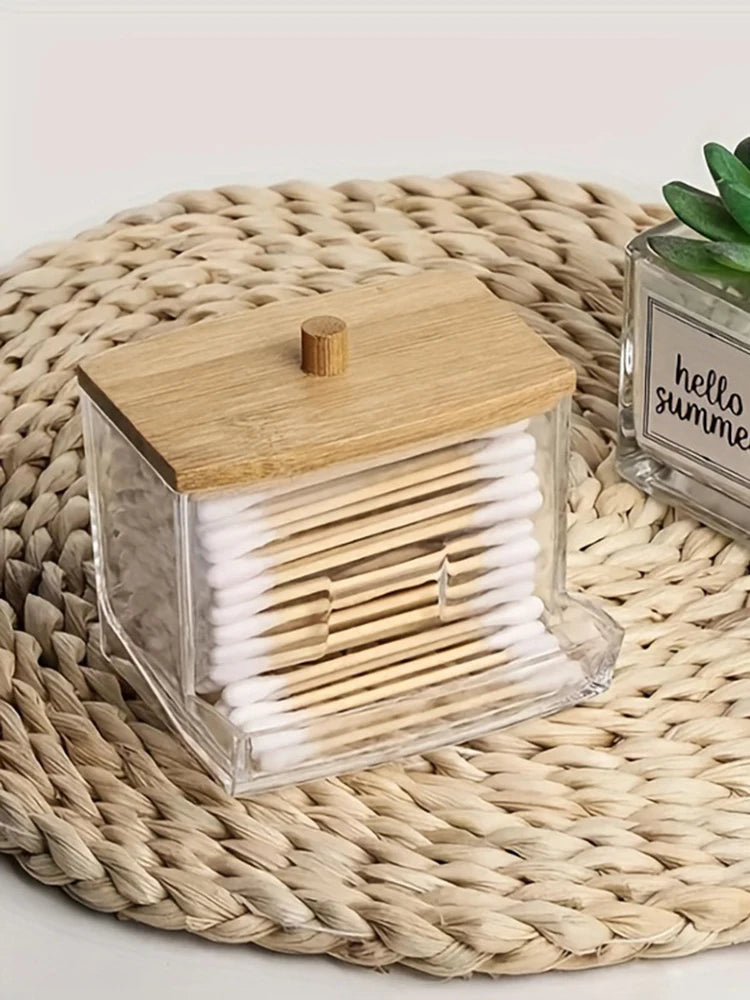 1 Household Cotton Swab Storage Tank, Acrylic Square Bamboo Cover Storage Box, Suitable For Bathroom, Bedroom, Transparent