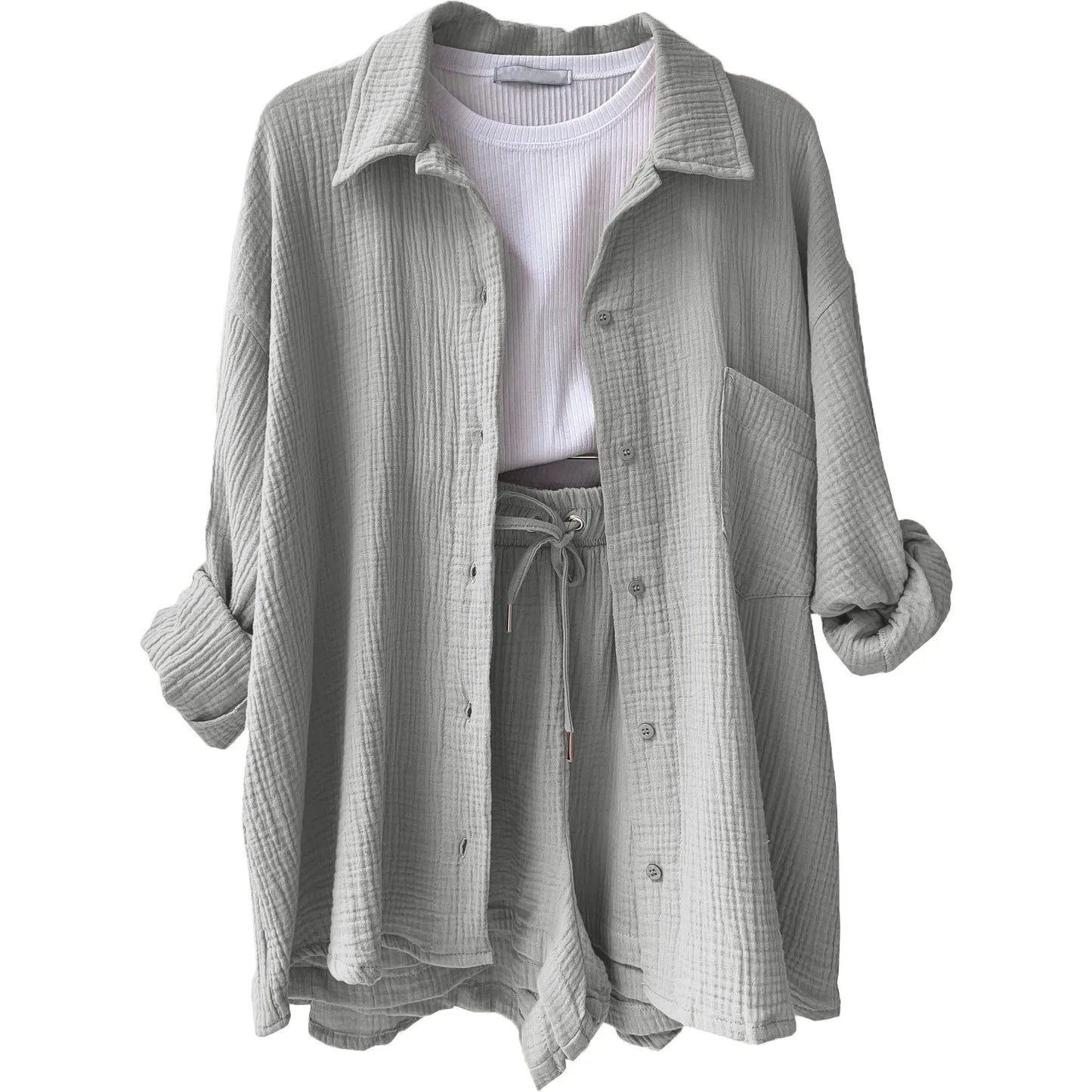 Summer Women's Suit Short Sets Outfits Muslin Suit For Women 2025 Two Piece Female Clothing Solid Button Outfits