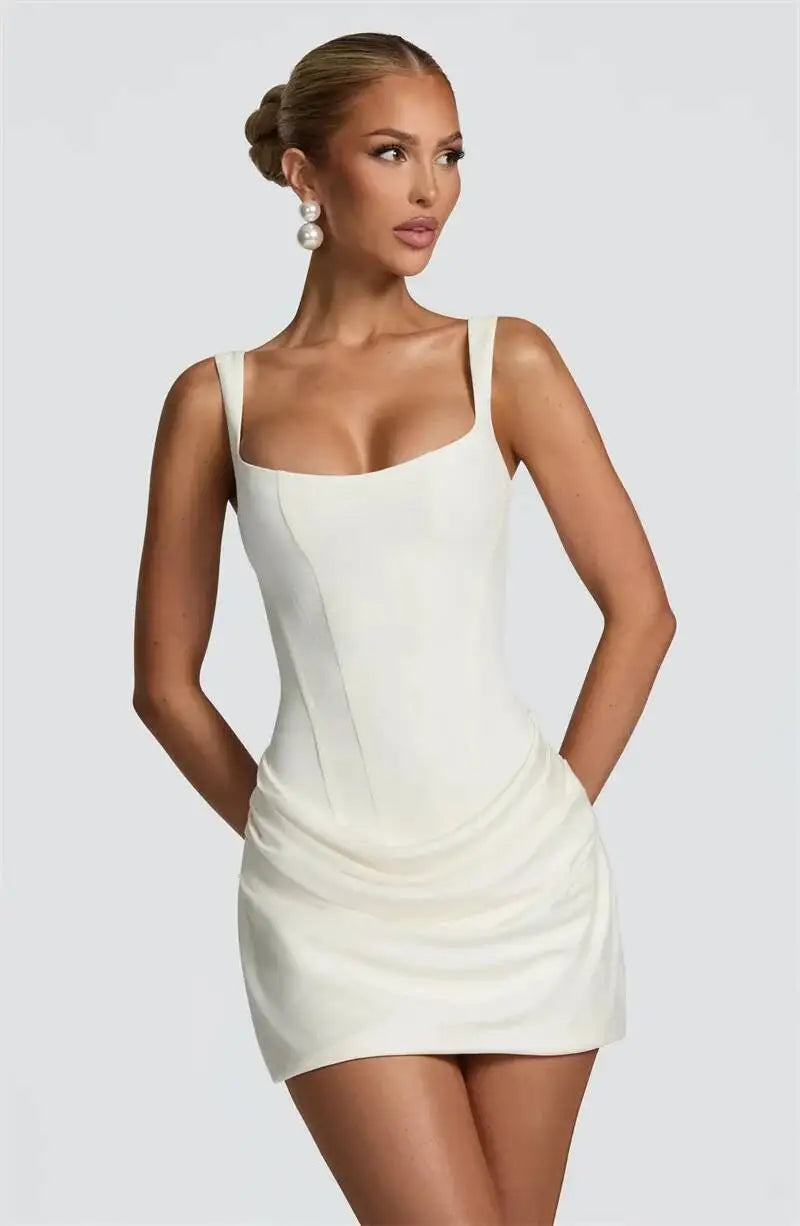 Mozision Backless Ruched Sexy Mini Dress Women Elegant Tapered Straps Square Collar Sleeveless High Waist Club Party Dress