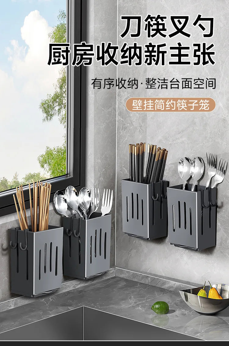 Kitchen Sink Utensil Caddy, Wall Mounted Chopstick Storage Rack with Drain Tray and Hooks, No Drilling Required