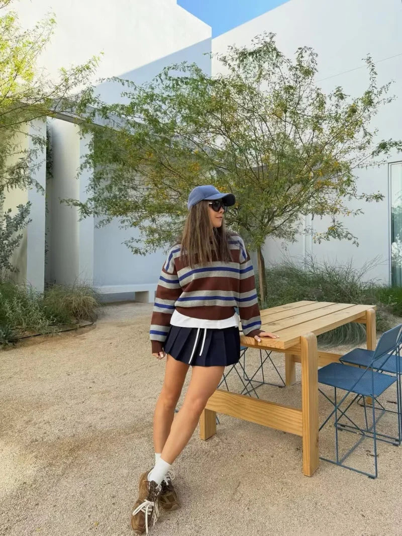 ETJ 2025 Autumn women's new line street style fashion yellow wide stripe polo neck loose version of long-sleeved sweater