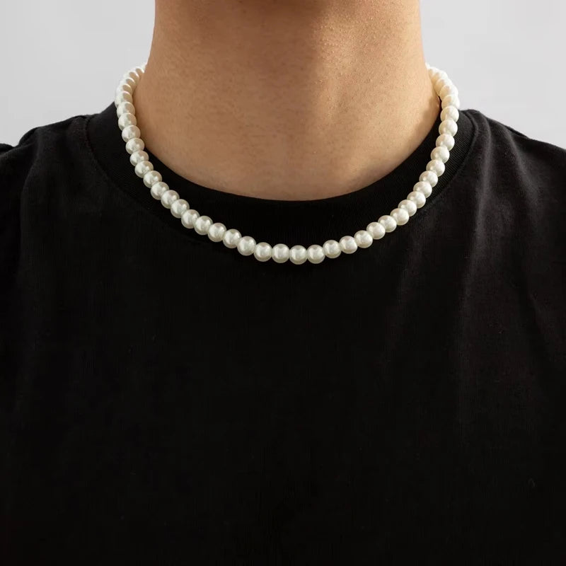Simple Imitation-Pearl Beaded Short Choker Necklace for Men Trendy White Beaded Chains on Neck Accessories 2026 Fashion Jewelry