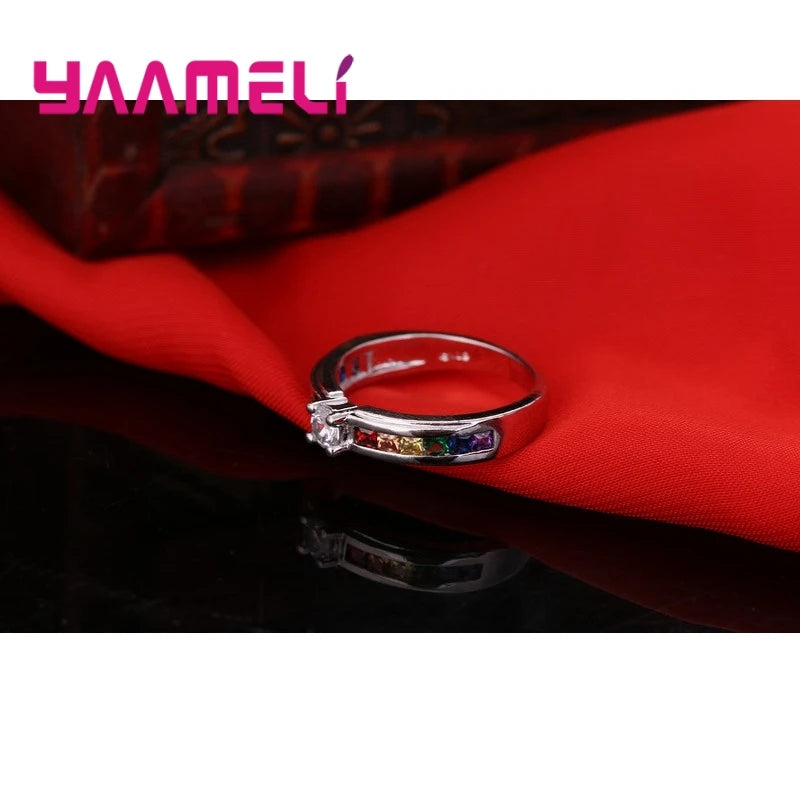 Color Rainbow Cubic Zircon Rings For Women Wedding Lovely Engagement Proposal Ring Accessory