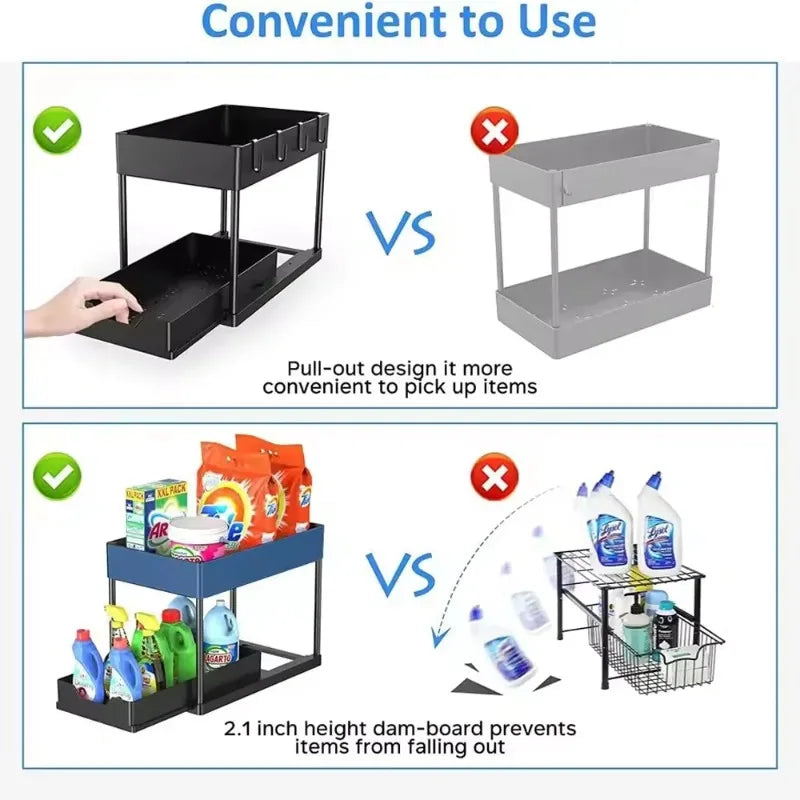 2-Tier Sliding Under Sink Organizer - Cabinet Basket Storage Rack with Hooks and Hanging Cup for Kitchen and Bathroom Use