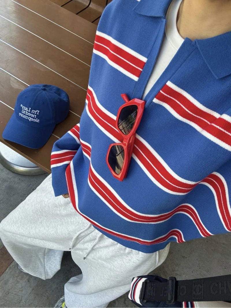 ETJ 2025 Autumn women's new line street style fashion yellow wide stripe polo neck loose version of long-sleeved sweater