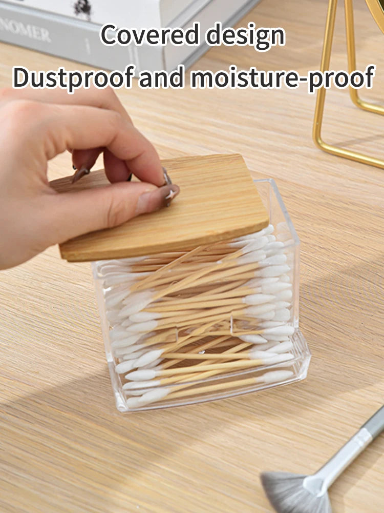 1 Household Cotton Swab Storage Tank, Acrylic Square Bamboo Cover Storage Box, Suitable For Bathroom, Bedroom, Transparent