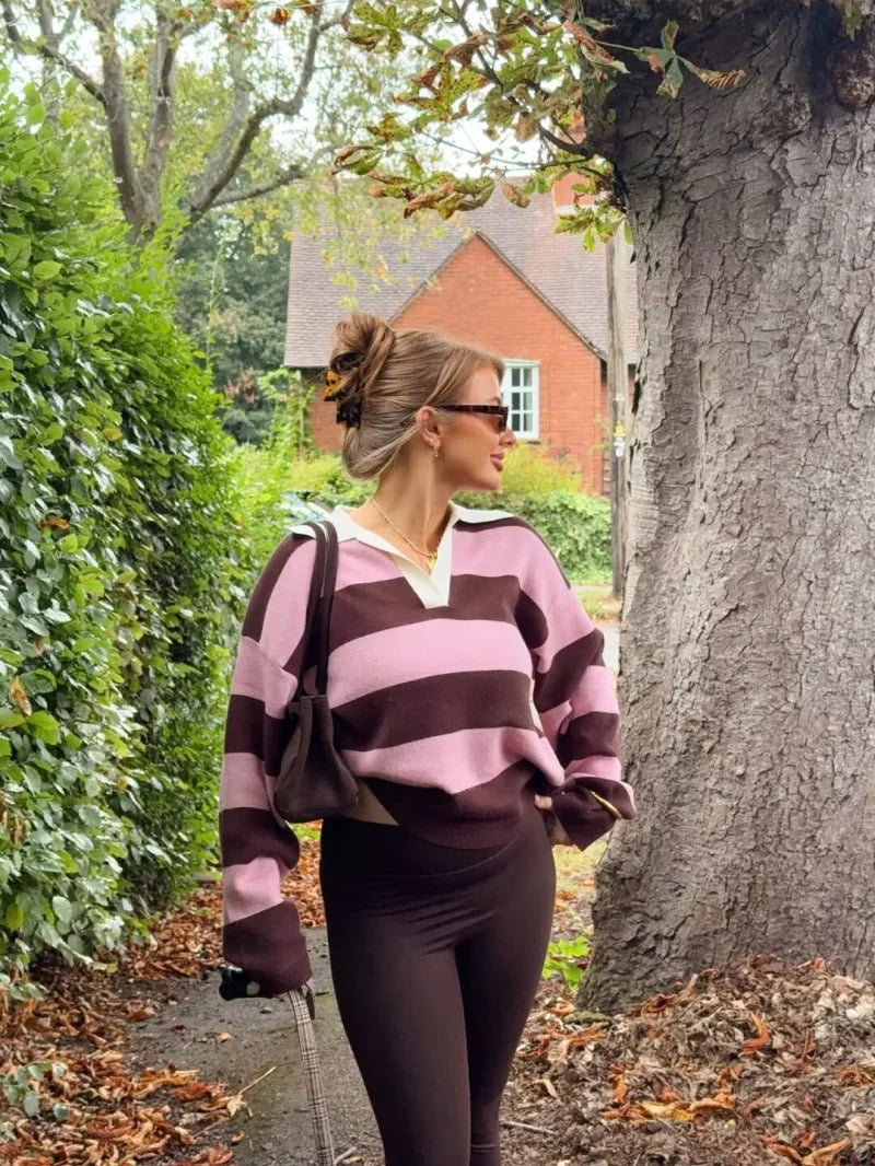 ETJ 2025 Autumn women's new line street style fashion yellow wide stripe polo neck loose version of long-sleeved sweater
