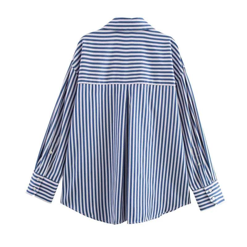 ETJ 2025 women's spring new Europe-American fashion striped long sleeve lapel loose version poplin shirt multi-color selection