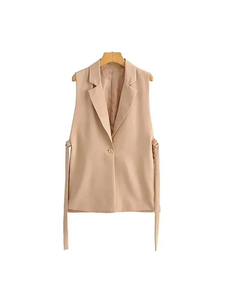 Women Fashion With Taps Side Vents Waistcoat Vintage Sleeveless Front Button Female Outerwear Chic Vest Tops
