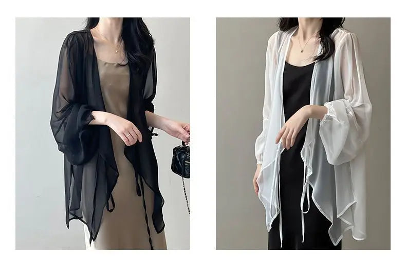 Shirts Women V-neck Loose Long Sleeve Open Stitch Korean Style Lace-up Simple Solid Summer Chiffon Breathable Minimalist Stylish