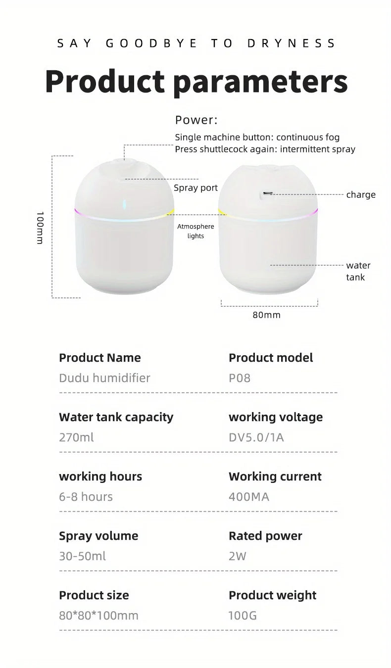 270ML USB Air Humidifier with Cool Mist Aroma Diffuser LED Night Light And Power-Off Protect Feature for Home And Office