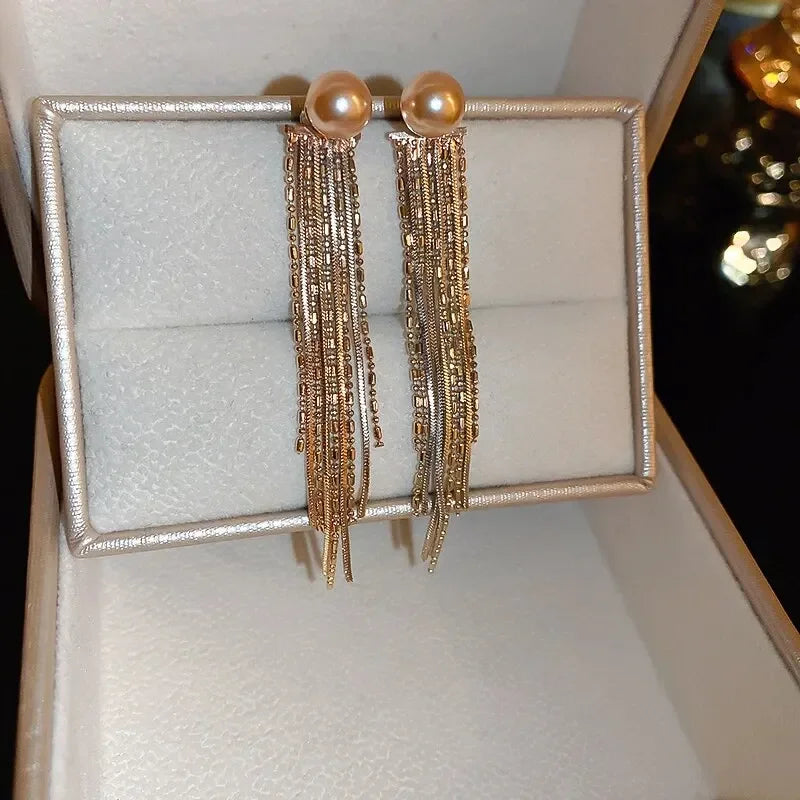 Long Tassel Rhinestones Chains Ear Line Drop Earrings for Women Gold Color Delicate Dangle Earring Hanging Charm Fashion Jewelry