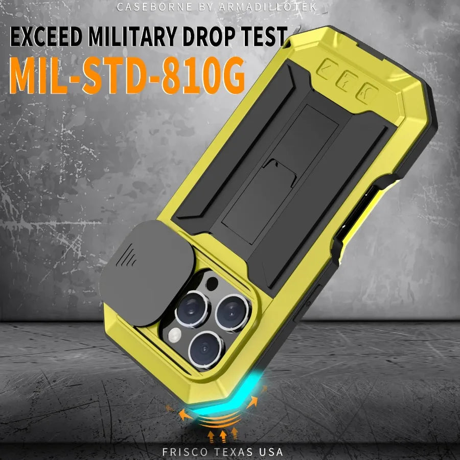 Rugged Metal Phone Case For iPhone 16e 15 14 Plus 13 Pro Max Heavy Military Shockproof Shell Slide Camera Cover Screen Protect