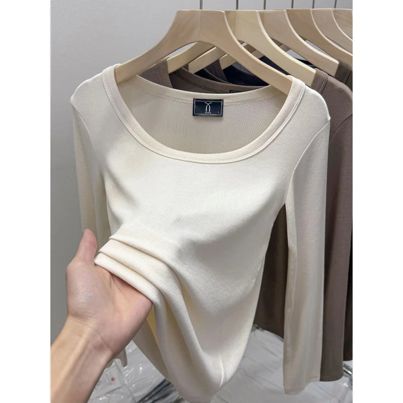 Fashionable U-Neck Long Sleeve Base Shirt Women's Slim Fit Low Collar Top T-Shirt Pure Color Commute Style Spring 2024